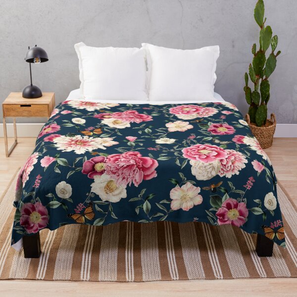 Item preview, Cottagecore English Rose Cottage Garden Flowers Floral Navy Pink Dark Decor designed and sold by BohoStudio.