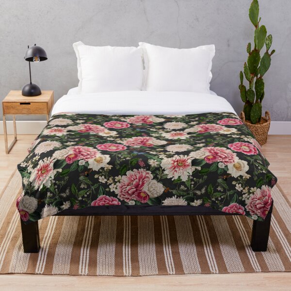 Cottagecore English Rose Cottage Garden Flowers Floral Charcoal Dark Pink Decor Throw Blanket