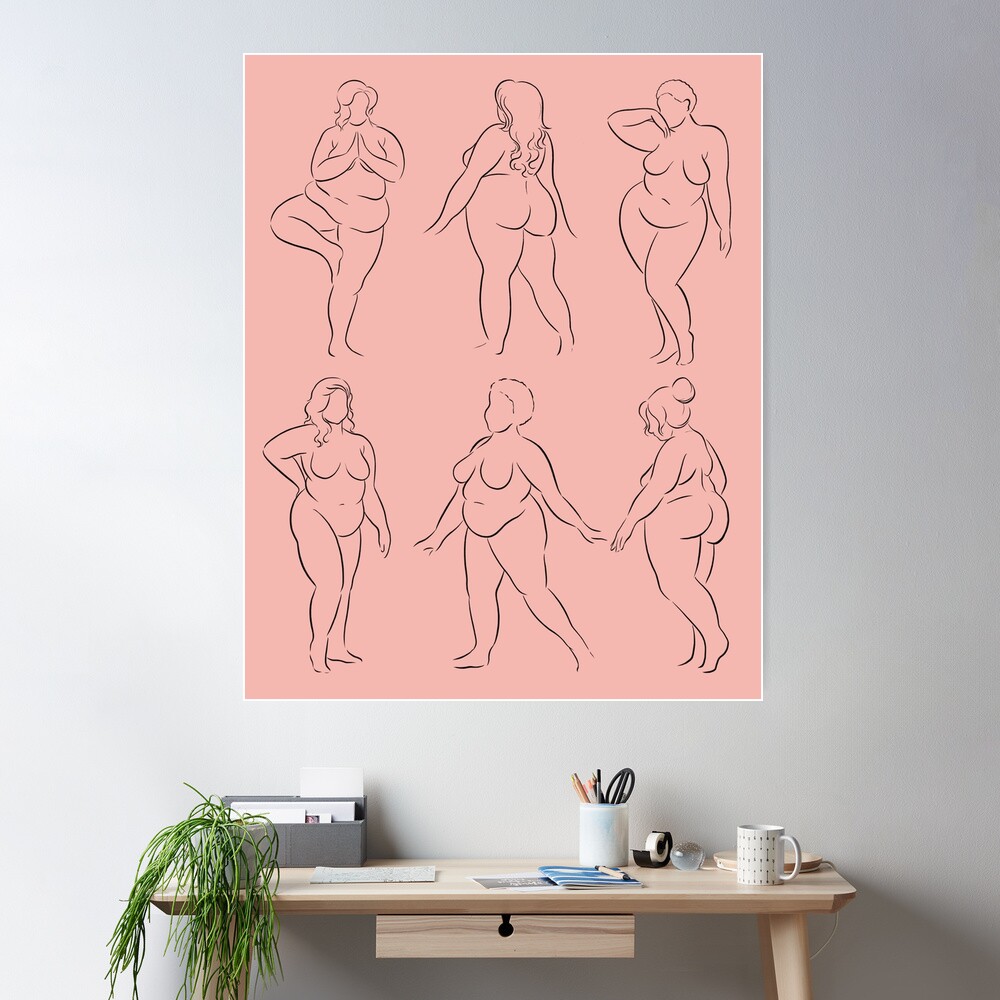 Rose gold pink body positive line art nude plus size pattern by  BopoWatercolour 