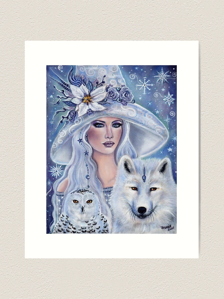 White witch with wolf and owl art by Renee Lavoie
