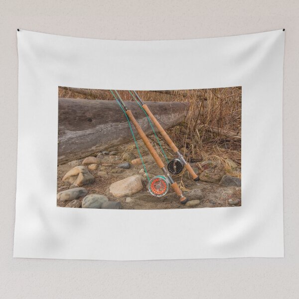 Item preview, Two salmon spey fly rods resting on a log in the late afternoon sun designed and sold by SnapTPhotograph.
