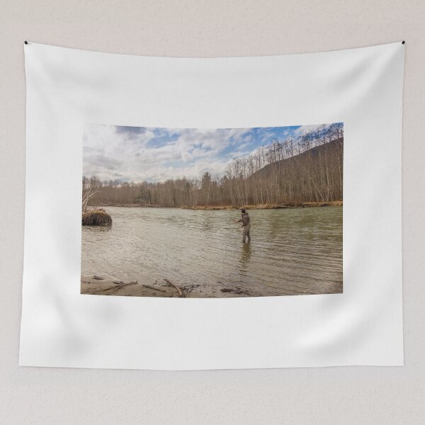 Item preview, A fisherman with a big fish on the line in a spring river in Canada designed and sold by SnapTPhotograph.