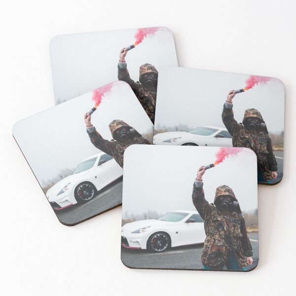 Item preview, masked person with smoke grenade with a Nissan 370Z nismo in the background designed and sold by erikallen920.