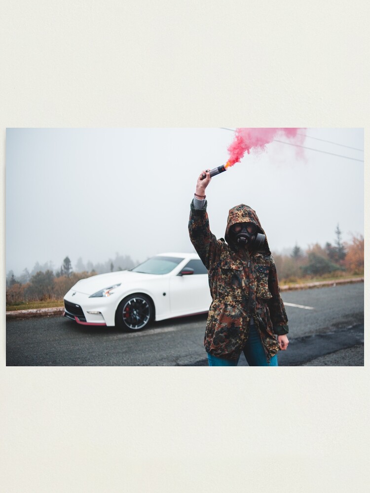 two men in masks with a white nissan gtr r36 Art Board Print for