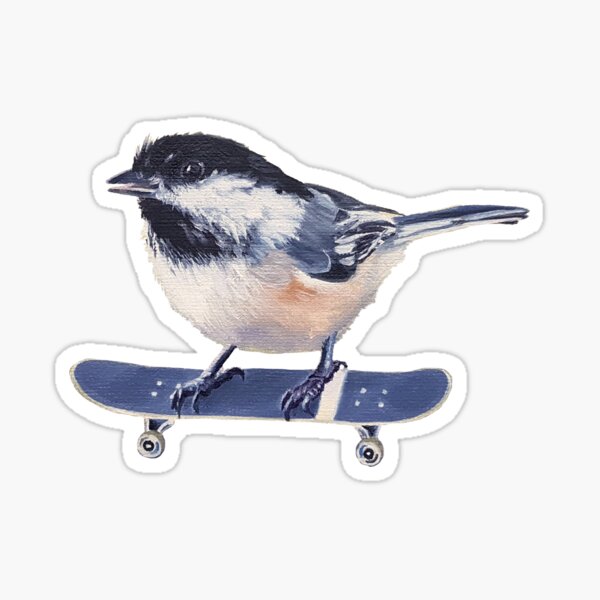 Item preview, Why Fly When You Can Skate? - chickadee skateboard painting (no background) designed and sold by Emily Bickell.
