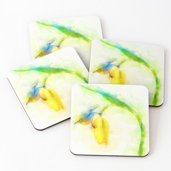 Item preview, Japanese white eye bird on tulip watercolor painting designed and sold by lifewithbirds.