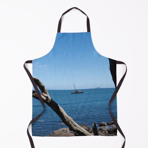 Item preview, View through twisted pohutukawa tree branches across barge with crane blue ocean to distant horizon designed and sold by Brian Scantlebury.
