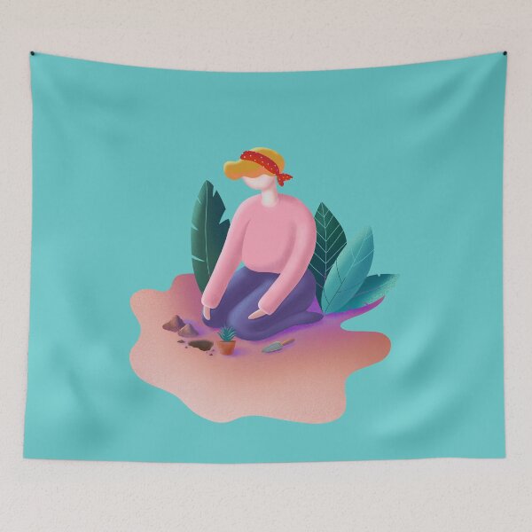 Item preview, A girl in golden hair and a red bandage sits in a garden and sits plants designed and sold by SychEvaartist.