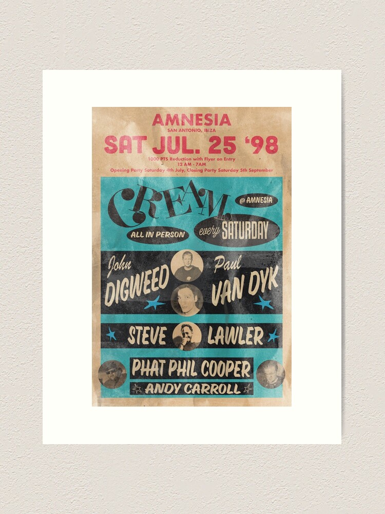 Aperçu 1 sur 3. Impression artistique avec l'œuvre Amnesia Ibiza 1998 John Digweed Paul Van Dyk Crème Vintage créée et vendue par Lick-Design.