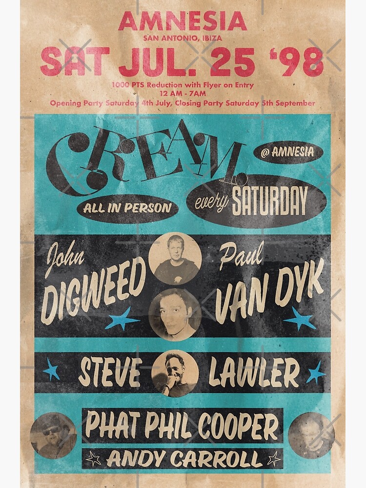 Aperçu 3 sur 3. Impression artistique avec l'œuvre Amnesia Ibiza 1998 John Digweed Paul Van Dyk Crème Vintage créée et vendue par Lick-Design.