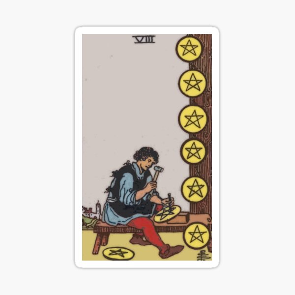 Eight of Pentacles Tarot Card Rider Waite Classic Sticker