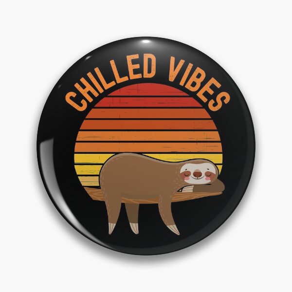 Item preview, Chilled Vibes. Sloth chilling in a tree in front of a retro vintage sunset. Vintage, orange text designed and sold by JellyBeenzz.