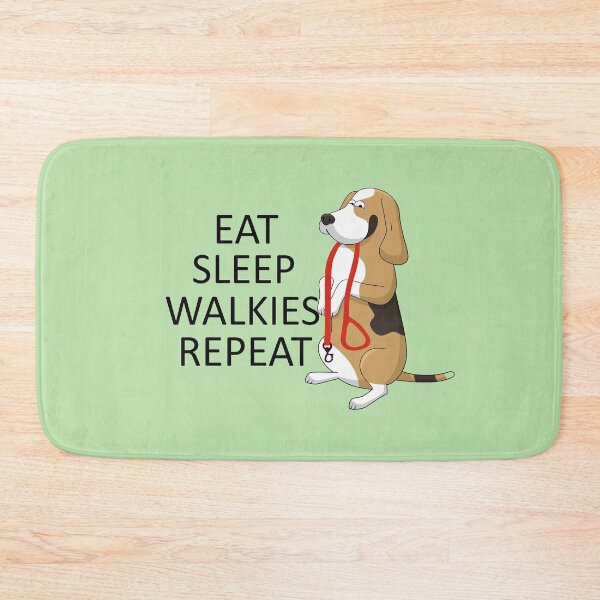 Item preview, Cute picture of beagle dog holding lead in mouth asking for a walk. Quote of Eat sleep walkies repeat. designed and sold by Drawing-Dolphin.