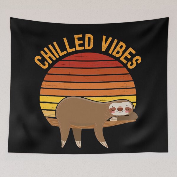 Item preview, Chilled Vibes. Sloth chilling in a tree in front of a retro vintage sunset. Vintage, yellow orange text designed and sold by JellyBeenzz.