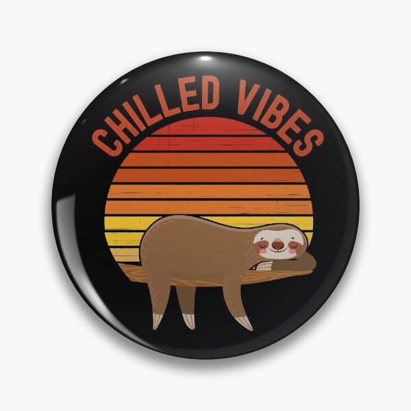 Item preview, Chilled Vibes. Sloth chilling in a tree in front of a retro vintage sunset. Vintage, red orange text designed and sold by JellyBeenzz.