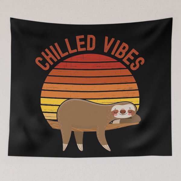 Item preview, Chilled Vibes. Sloth chilling in a tree in front of a retro vintage sunset. Vintage, red orange text designed and sold by JellyBeenzz.