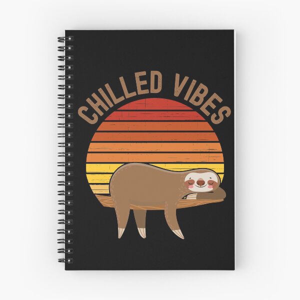 Item preview, Chilled Vibes. Sloth chilling in a tree in front of a retro vintage sunset. Brown text designed and sold by JellyBeenzz.