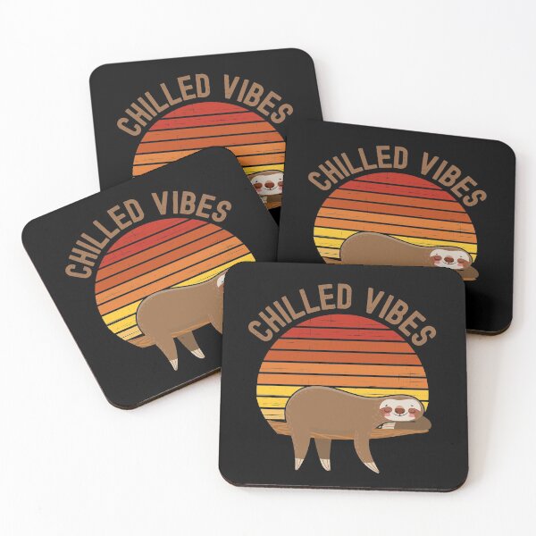 Item preview, Chilled Vibes. Sloth chilling in a tree in front of a retro vintage sunset. Brown text designed and sold by JellyBeenzz.