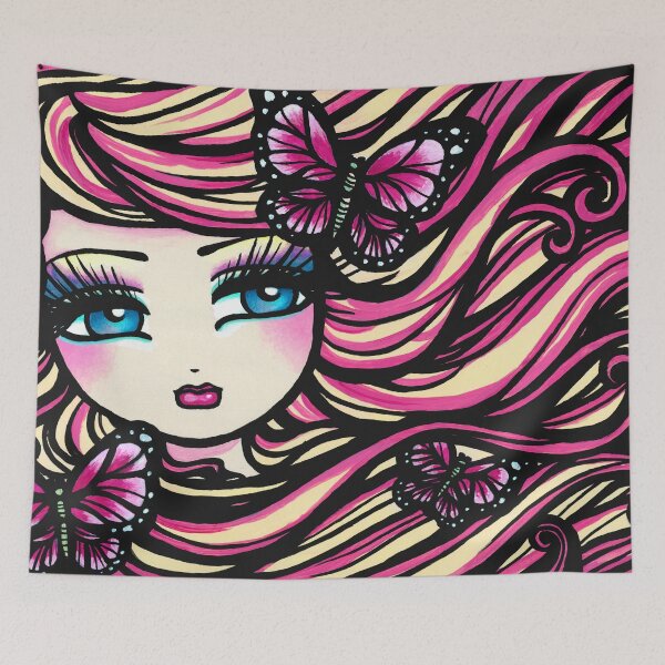 Item preview, Pink and Yellow Whimsy Girl with Butterflies Fantasy Art designed and sold by hannahlynnart.