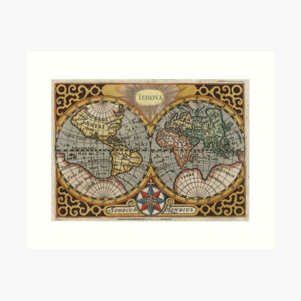 Vista previa del artículo con la obra «Mapa vintage del mundo (1596)», diseñado y vendido por BravuraMedia.