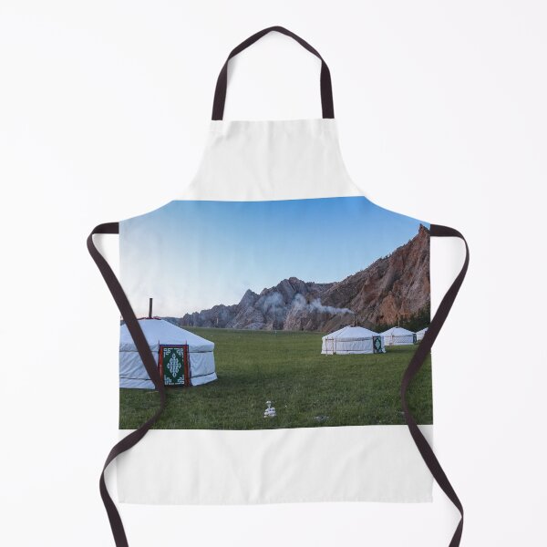 Item preview, A row of Mongolian gers at a camp at sunset on a summers night, with chimney smoke designed and sold by SnapTPhotograph.