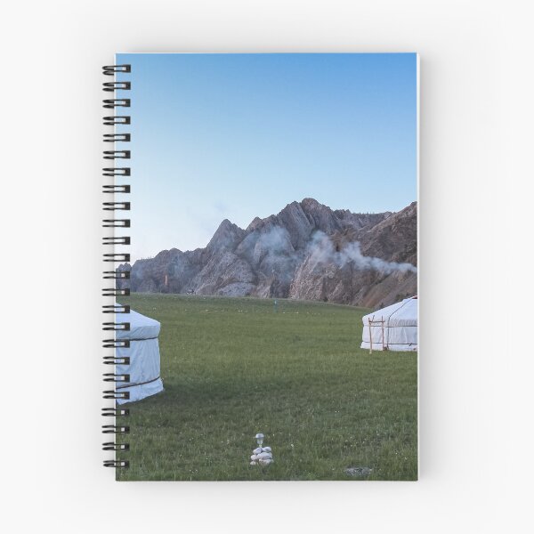 Item preview, A row of Mongolian gers at a camp at sunset on a summers night, with chimney smoke designed and sold by SnapTPhotograph.