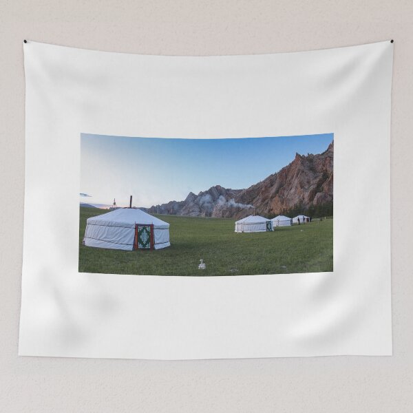 Item preview, A row of Mongolian gers at a camp at sunset on a summers night, with chimney smoke designed and sold by SnapTPhotograph.