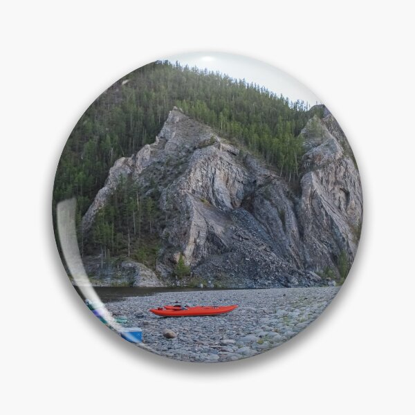 Item preview, Fishing rafts and kayaks on a gravel bank on a Mongolian river canyon designed and sold by SnapTPhotograph.