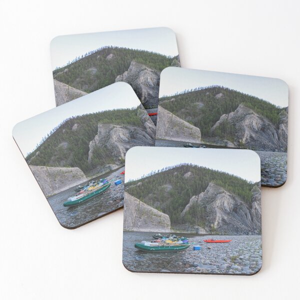 Item preview, Fishing rafts and kayaks on a gravel bank on a Mongolian river canyon designed and sold by SnapTPhotograph.