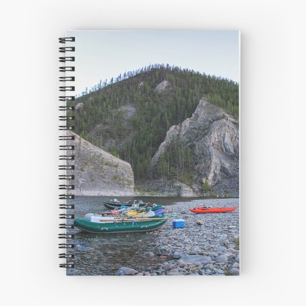 Item preview, Fishing rafts and kayaks on a gravel bank on a Mongolian river canyon designed and sold by SnapTPhotograph.