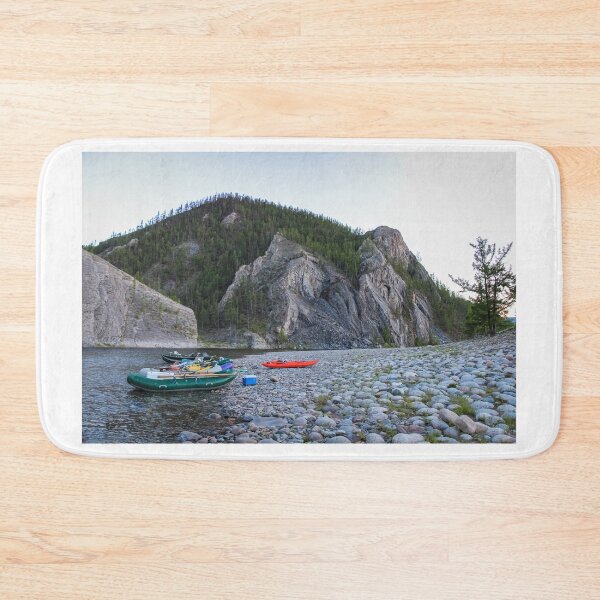 Item preview, Fishing rafts and kayaks on a gravel bank on a Mongolian river canyon designed and sold by SnapTPhotograph.