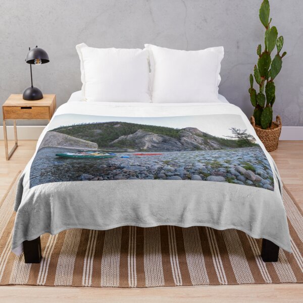 Item preview, Fishing rafts and kayaks on a gravel bank on a Mongolian river canyon designed and sold by SnapTPhotograph.