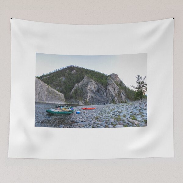 Item preview, Fishing rafts and kayaks on a gravel bank on a Mongolian river canyon designed and sold by SnapTPhotograph.