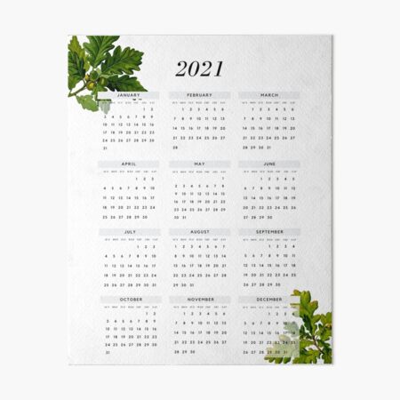 Yearly 2021 Calendar Simple Modern Classic with Botanical Art Art Board Print