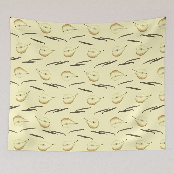 Item preview, Pears and vanilla pods on light yellow designed and sold by Flowersforbear.