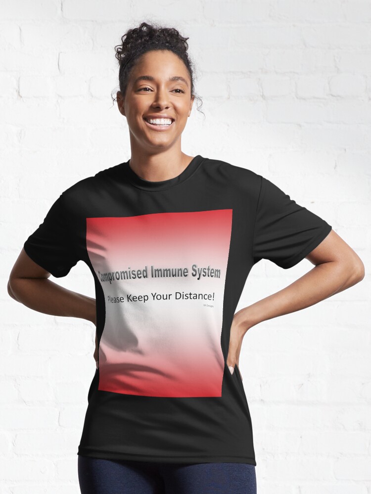 Alternate view of Text-Compromised Immune System in Red, Pink, Peach and White Active T-Shirt