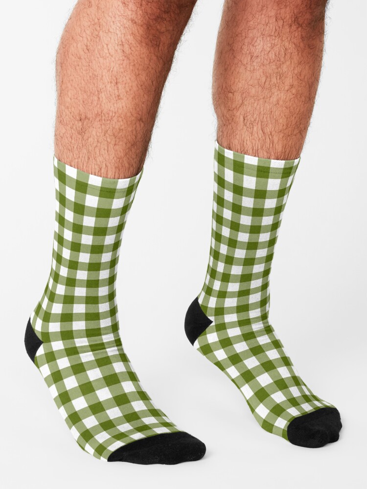 "Gingham green and white plaid pattern" Socks for Sale by