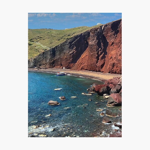 Santorini Greece Red Beach with Rocks, Boat, and Clouds Photographic Print