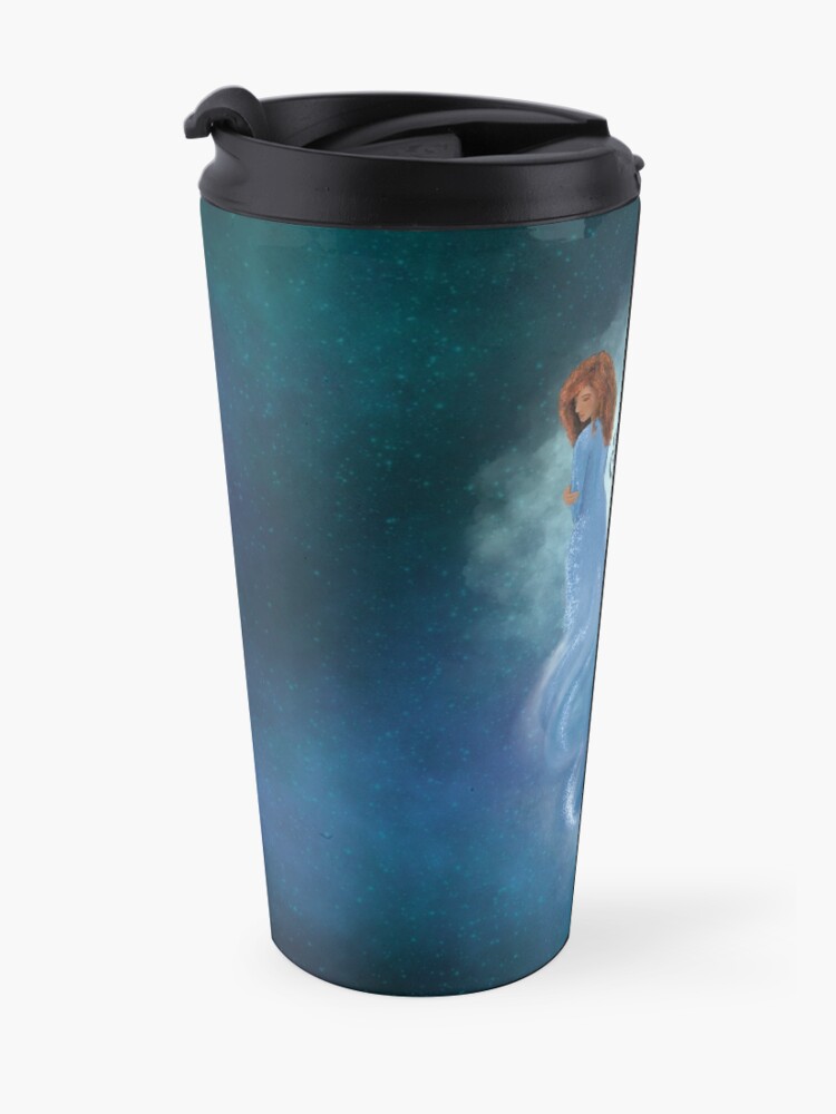 Alternate view of His Masterpiece (Blue Background) Travel Coffee Mug
