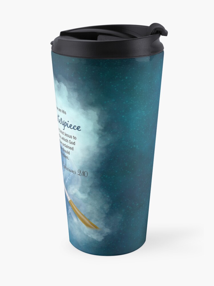 Alternate view of His Masterpiece (Blue Background) Travel Coffee Mug