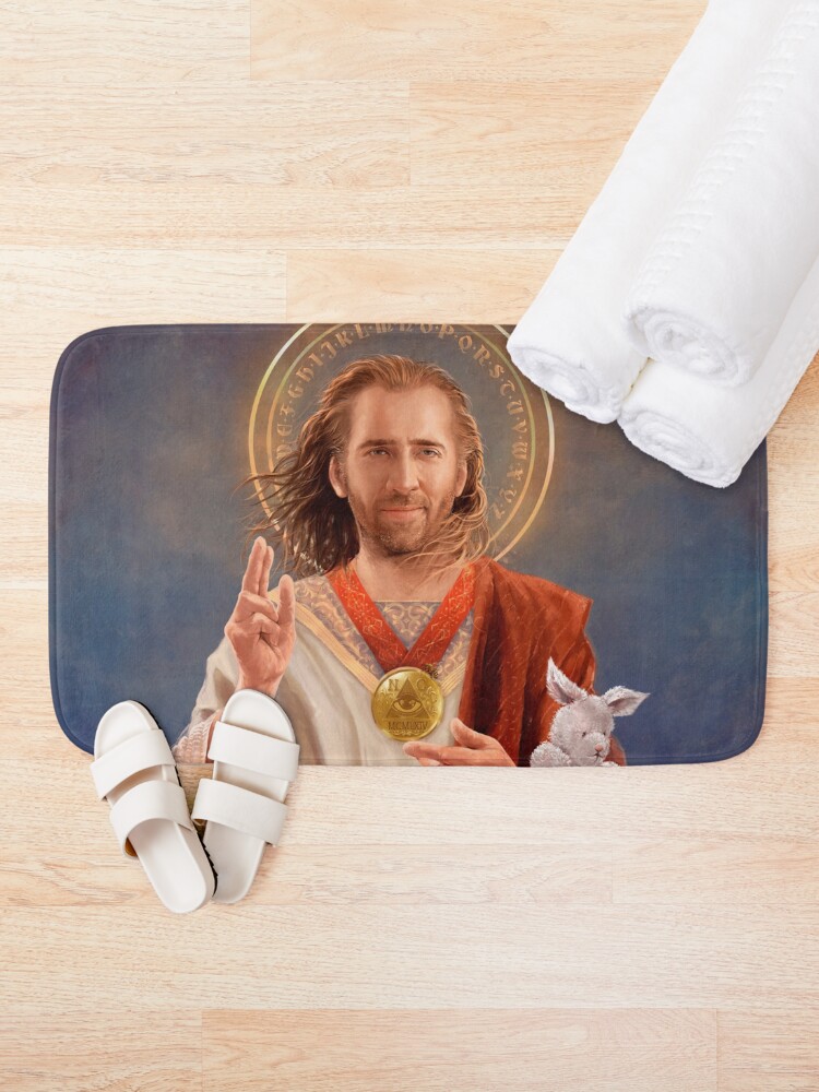 Alternate view of Saint Nicolas of Cage - Nic Cage Original Religious Painting Bath Mat