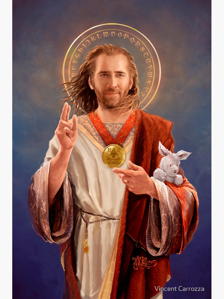 Thumbnail 3 of 3, Sticker, Nicolas Cage, Saint Nicolas of Cage, Nic Cage Original Religious Painting designed and sold by 6amCrisis.
