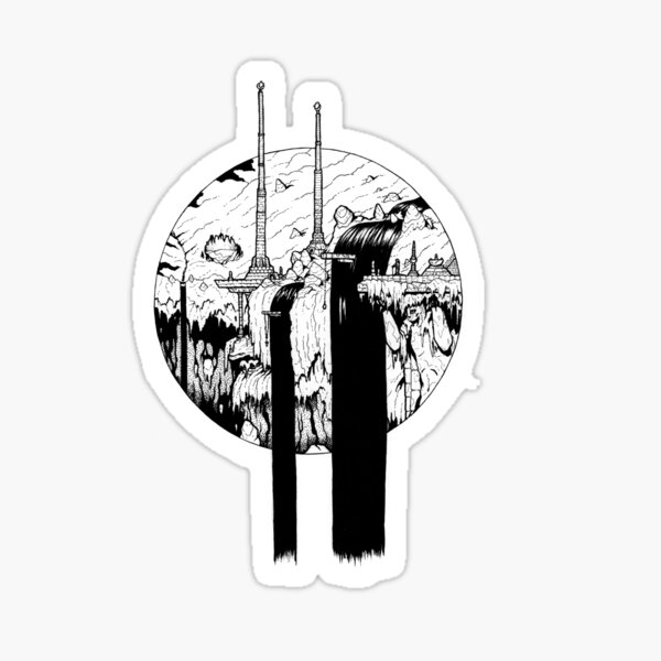 Fantasy landscape - Ink art - Waterfall ruins Sticker