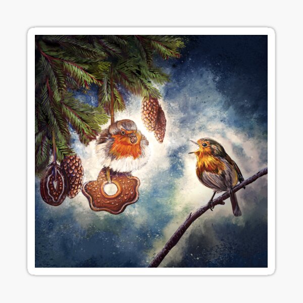 Sweet robins eat gingerbread Christmas tree decorations Sticker