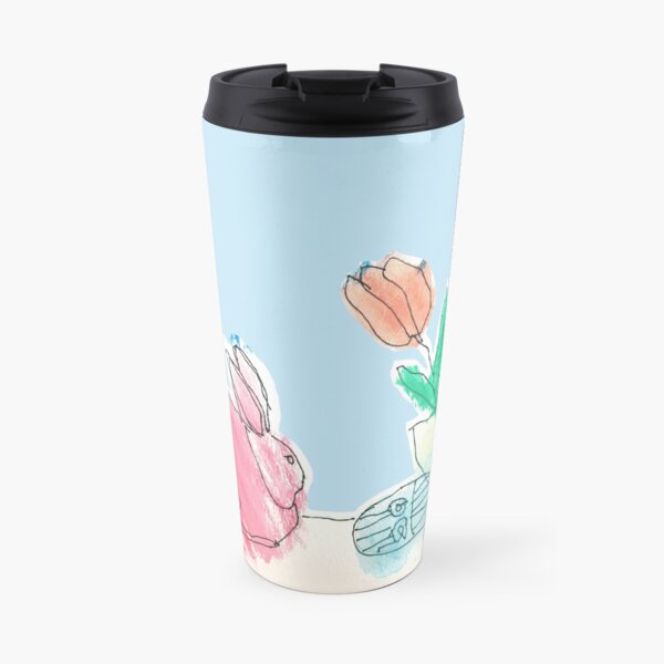 Pink Rabbit With Spring Tulips and Easter Eggs Travel Mug