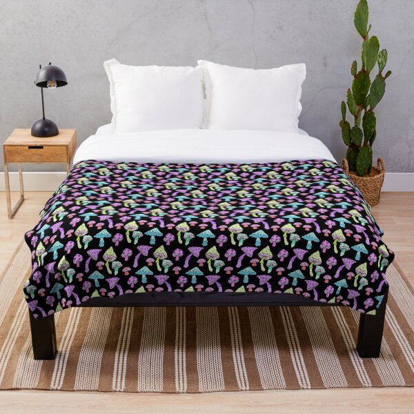 Technicolor Mushrooms Kawaii Fungi Throw Blanket