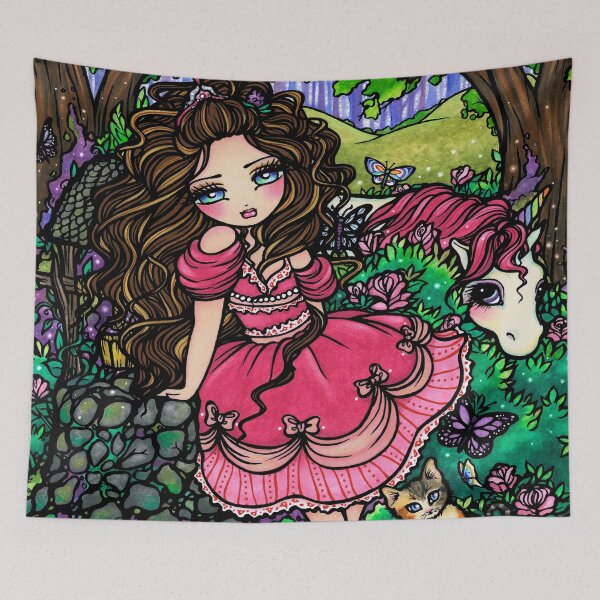 Item preview, Little Princess with Her Unicorn and Kitty Friends Fantasy Art designed and sold by hannahlynnart.
