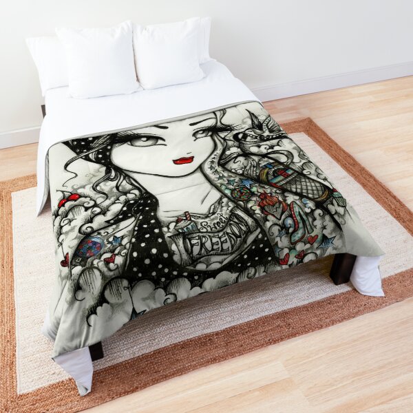 Tattooed Pin-up Girl Greyscale with a Pop of Color Fantasy Art Comforter