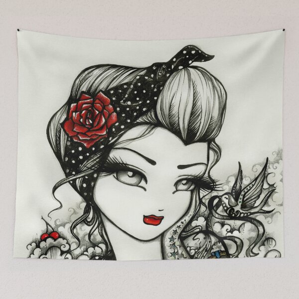 Item preview, Tattooed Pin-up Girl Greyscale with a Pop of Color Fantasy Art designed and sold by hannahlynnart.