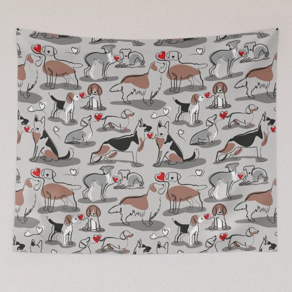 Item preview, Woof endless love // grey background red hearts continuous lined pair of dog breeds designed and sold by SelmaCardoso.